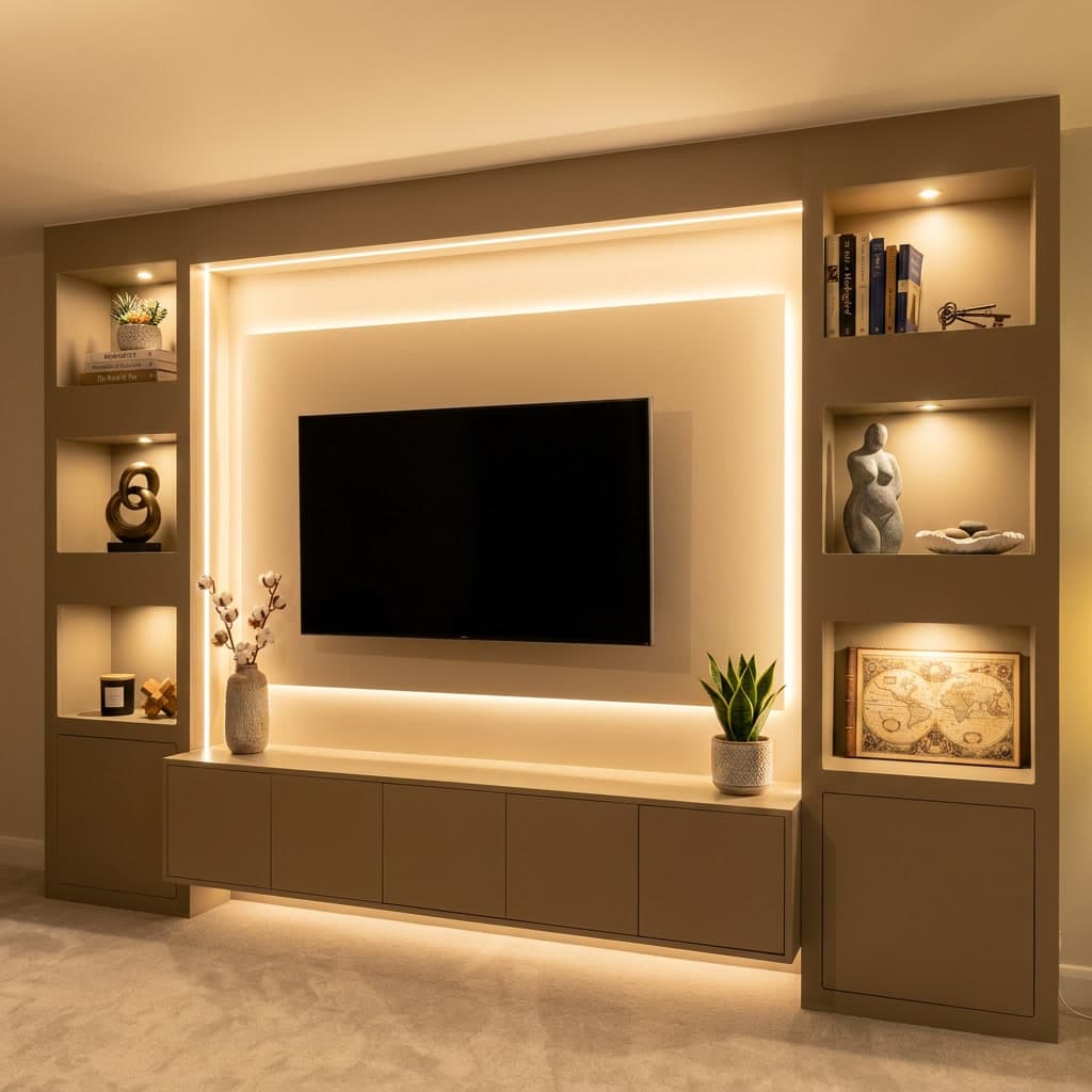 Custom TV media wall with styled shelving niches by Sunny Interiors