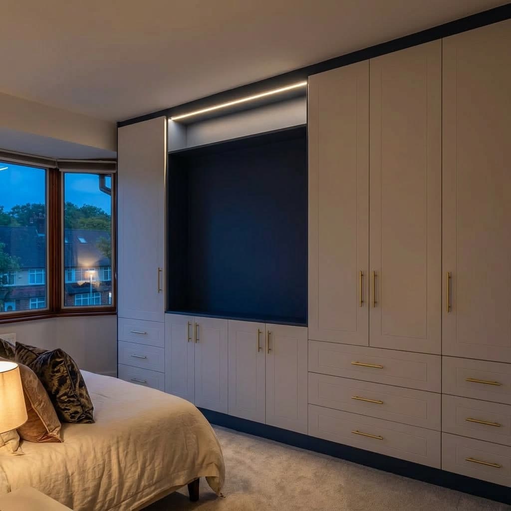 Fitted navy bedroom wardrobe with integrated TV unit by Sunny Interiors