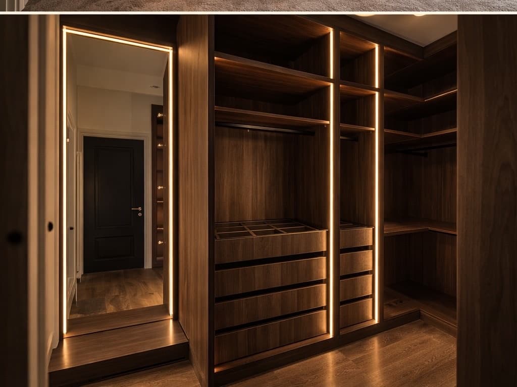 Dark walnut walk-in wardrobe with full-height cabinetry by Sunny Interiors