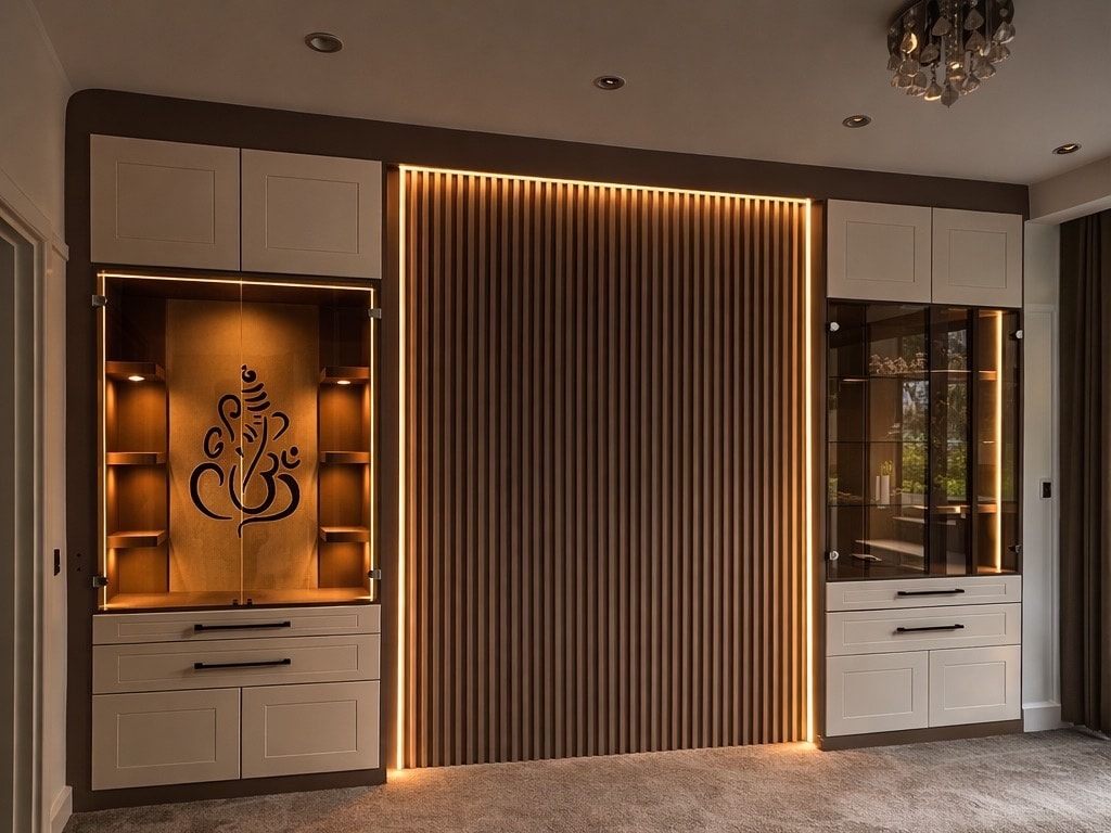 Bespoke mandir with beautiful slatted panel wall by Sunny Interiors — a showcase of precision craftsmanship